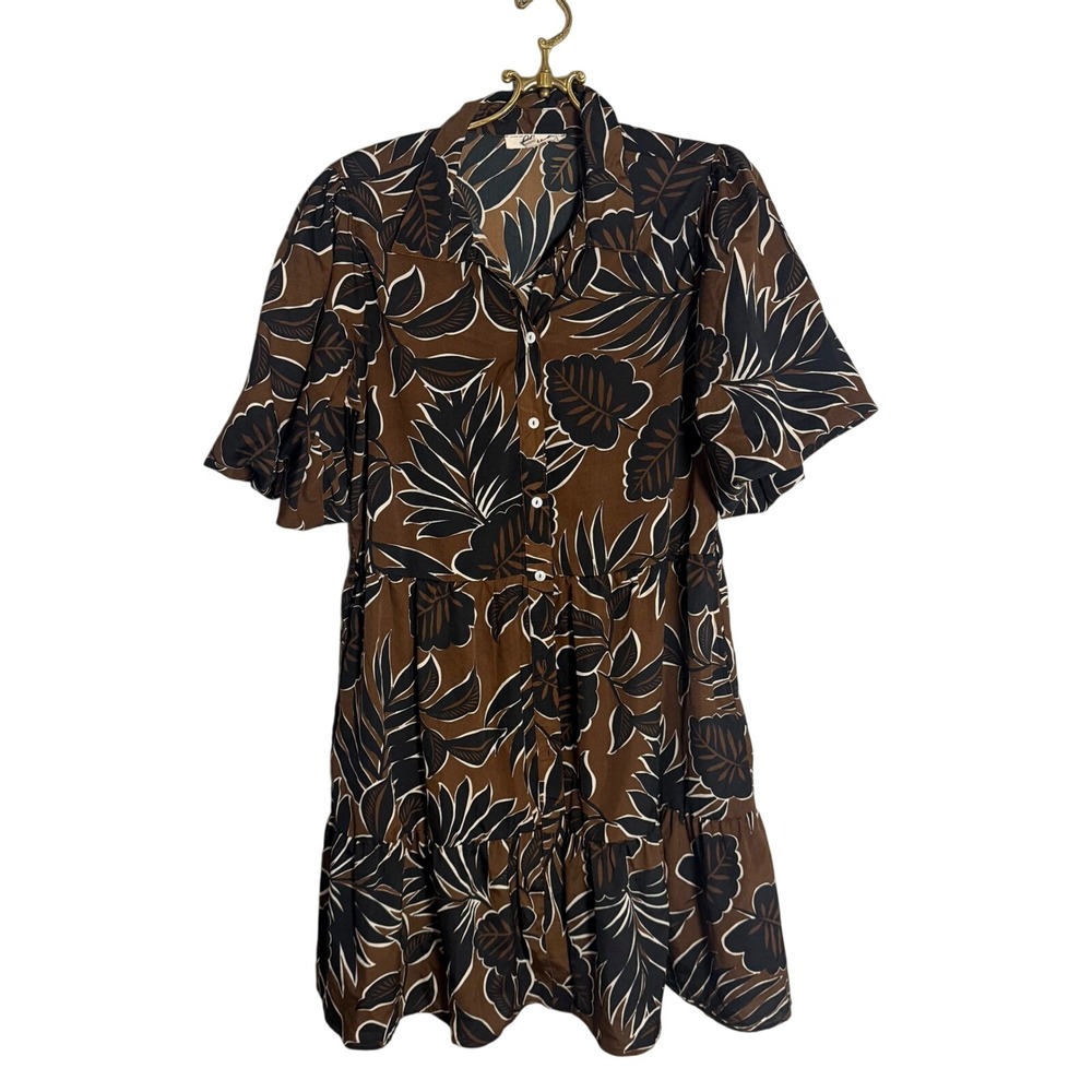 Hint of Blush Womens XL Brown Tropical Leaf Button Front Tiered Boho Mini‎ Dress